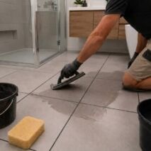 DIY renovator applying grout to floor tiles with a rubber grout float