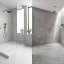 A side-by-side comparison of a modern white shower base and a seamless tiled shower floor in a Perth bathroom renovation