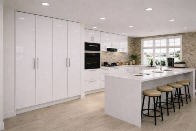 Tall kitchen pantry cupboards integrated into a modern Australian kitchen cabinet layout