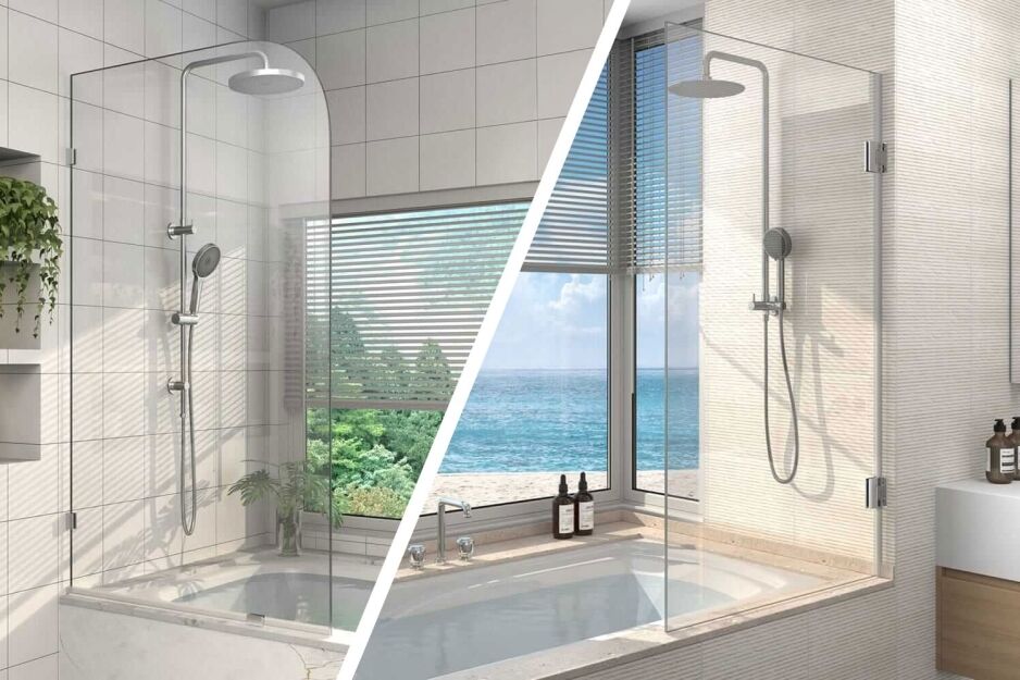 Shower screens for baths — fixed panel vs pivot door comparison to help choose the right option
