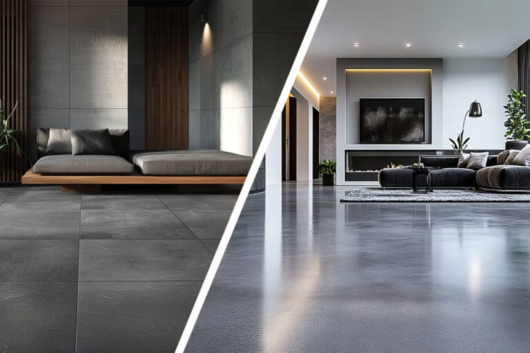 comparison of concrete look floor tiles vs natural concrete flooring in modern living spaces