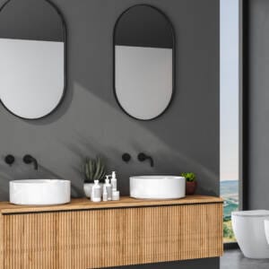 Framed bathroom mirrors in a modern Australian bathroom setting