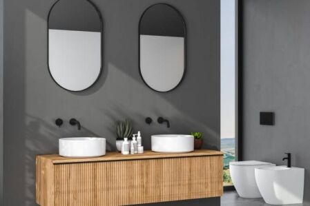 Framed bathroom mirrors in a modern Australian bathroom setting