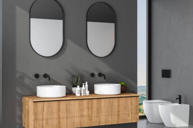 Framed bathroom mirrors in a modern Australian bathroom setting