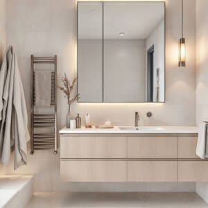 Elegant modern bathroom featuring brushed nickel tapware, matching towel rail, and illuminated mirror cabinet above a floating vanity in soft neutral tones