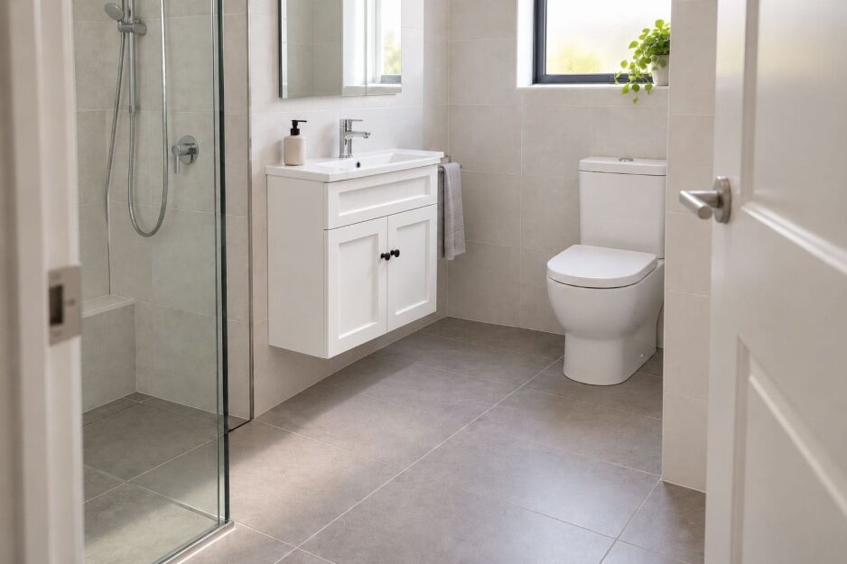 Wall-hung small bathroom vanity in a compact ensuite with a clear walkway in front