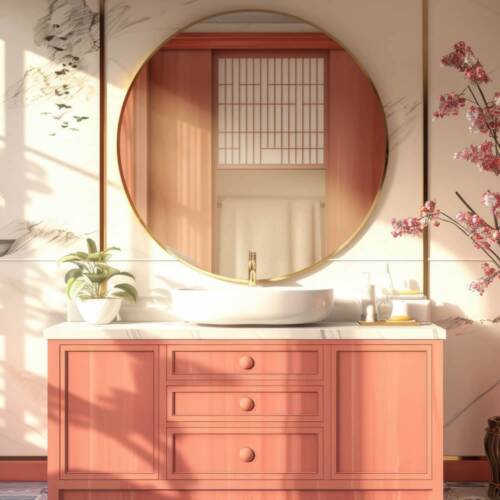 Brooklyn Round Mirror Brushed Gold modern bathroom setting with Brooklyn Round Mirror Brushed Gold on wall above peach bathroom vanity