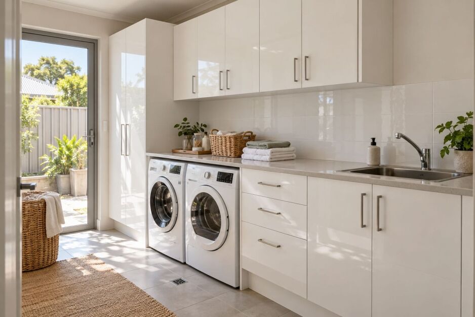 Completed laundry with base, drawer, overhead and tall laundry cabinets