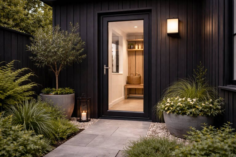 Black aluminium French door in Perth set into dark vertical cladding, opening to a softly lit interior, with landscaped garden planting and stone paving outside.