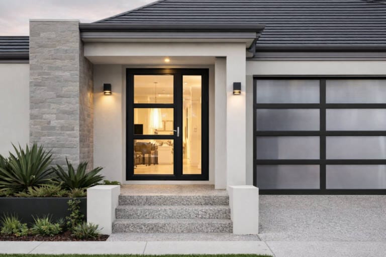 Black aluminium front entry door with glass panels in a modern rendered home