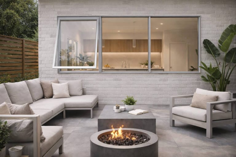 renovated outdoor living area with silver window replacement open to a contemporary kitchen interior, featuring patio seating, fire pit, and landscaped surroundings.