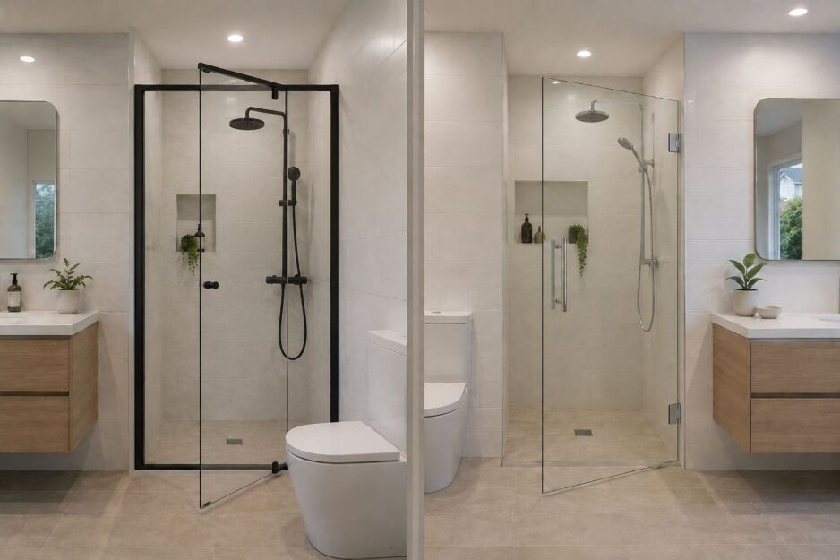 Pivot and side-hinged shower doors shown in comparable modern bathroom layouts