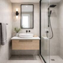 Small bathroom with floating vanity and wall-mounted towel rail showing space-saving bathroom accessories