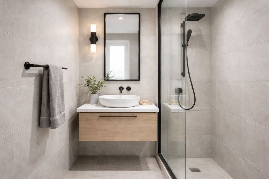 Small bathroom with floating vanity and wall-mounted towel rail showing space-saving bathroom accessories