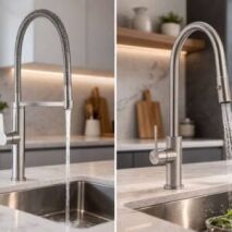 Pull-down vs pull-out kitchen mixer taps installed in a modern kitchen showing the design differences between spring-coil and curved spout tapware.