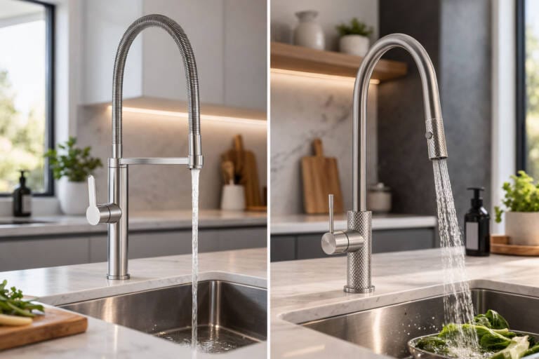 Pull-down vs pull-out kitchen mixer taps installed in a modern kitchen showing the design differences between spring-coil and curved spout tapware.