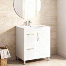 Cheap bathroom vanity in a modern Perth bathroom with white cabinet, integrated basin and round mirror