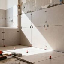 Bathroom tiles being installed on floor and walls during a bathroom renovation in Perth