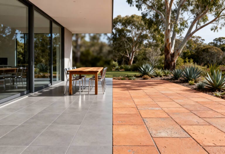 Side by side comparison of outdoor porcelain tiles vs pavers in a Perth backyard alfresco area