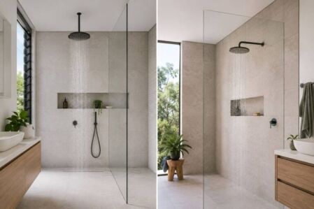 Split-screen bathroom comparison showing a ceiling-mounted shower head and a wall-mounted shower head in modern walk-in showers