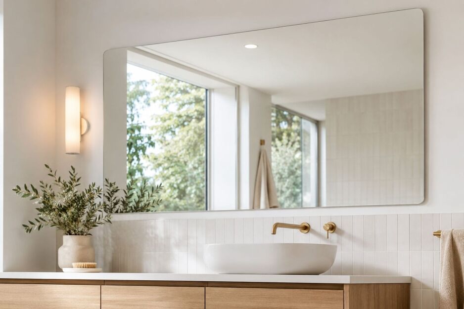Large frameless bathroom mirror above a modern vanity with warm timber cabinetry, white tiles and natural light