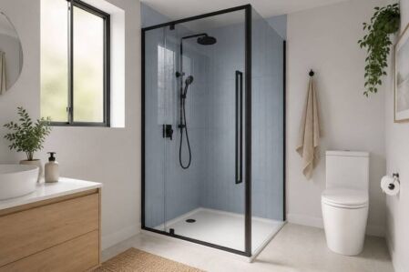 Modern bathroom with a new semi-frameless black framed shower screen for shower screen replacement in Perth