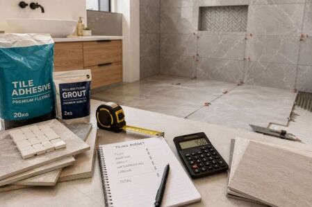 Bathroom renovation with tile samples, adhesive, grout, calculator and tiling budget plan for Perth tiling costs