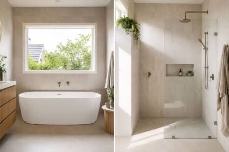 Split-screen bathroom comparison showing a back-to-wall bath on one side and a walk-in shower on the other
