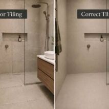 Split-screen bathroom comparison showing poor tiling with uneven grout lines beside correct tiling with a neat professional finish