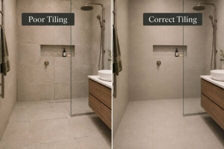 Split-screen bathroom comparison showing poor tiling with uneven grout lines beside correct tiling with a neat professional finish