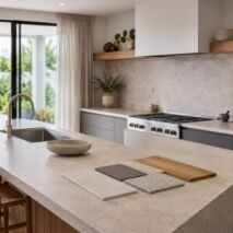 Modern Australian kitchen with a stone-look island benchtop and mixed material finishes
