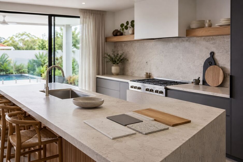 Modern Australian kitchen with a stone-look island benchtop and mixed material finishes