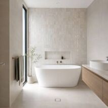 Feature tiles used on one focal wall in a modern Perth bathroom