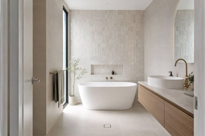 Feature tiles used on one focal wall in a modern Perth bathroom