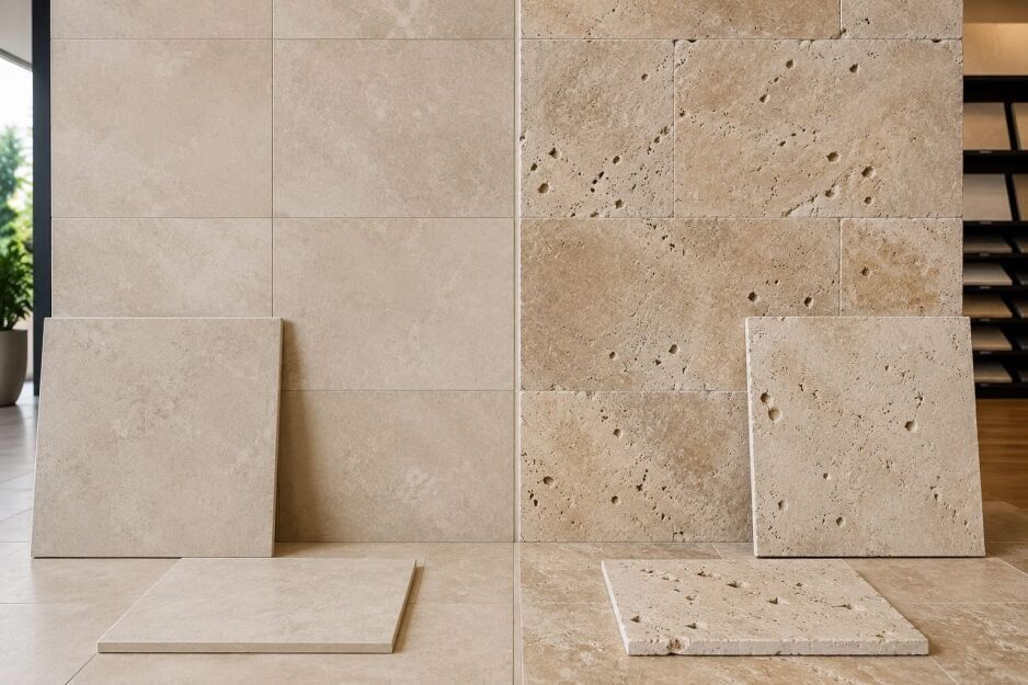 Travertine look tiles compared with natural travertine for Perth homes