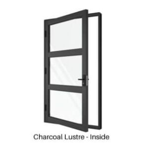 Single Front Entry Door with Double Horizontal Midrails Charcoal Lustre Inside