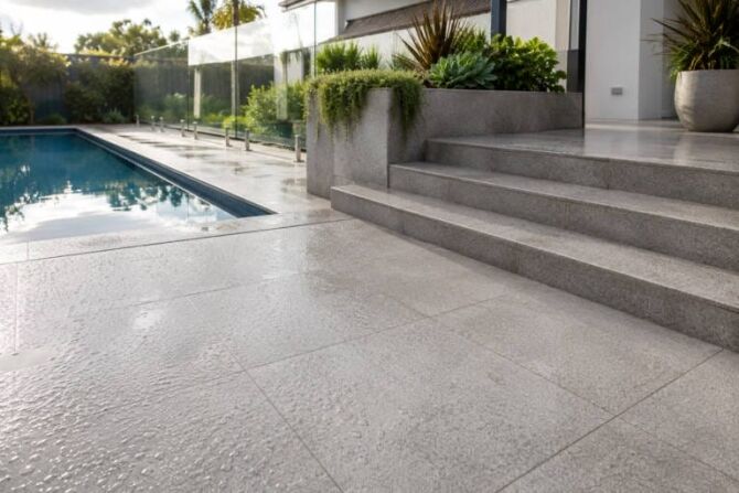 Non-slip outdoor tiles used across a Perth patio, pool area and steps