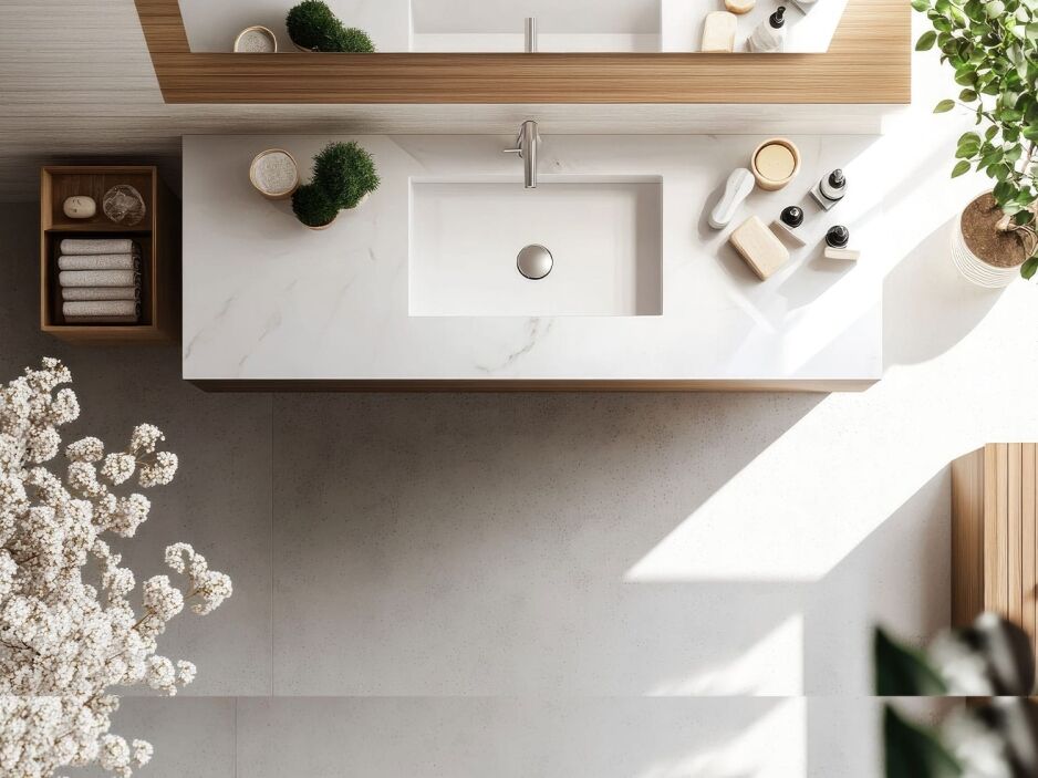 Modern vanity top with integrated basin in white marble-look sintered stone – ideal for contemporary bathrooms