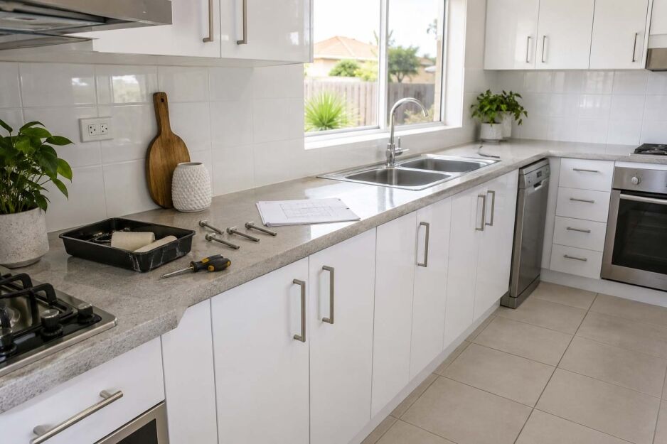 DIY kitchen cabinets on a budget in a Perth kitchen with refreshed doors and new handles
