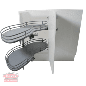 Front Facing – Two Slides Open – Ross’s Blind Corner with Swing Shelves (Left) Shelves Open