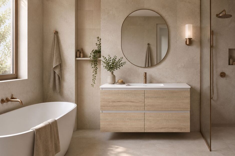 2026 bathroom design trends hero image showing a warm greige Australian bathroom with a floating timber-look vanity and brushed warm metal tapware