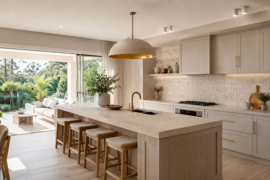Light and bright 2026 kitchen design with warm neutral cabinetry, textured splashback, large island and indoor-outdoor flow