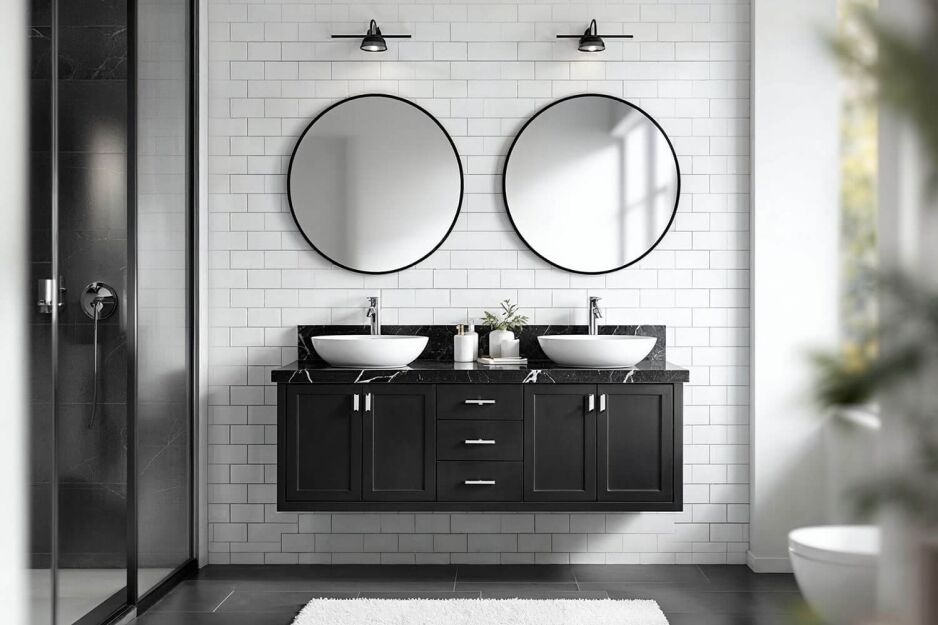White subway tiles behind a black double vanity in a modern bathroom