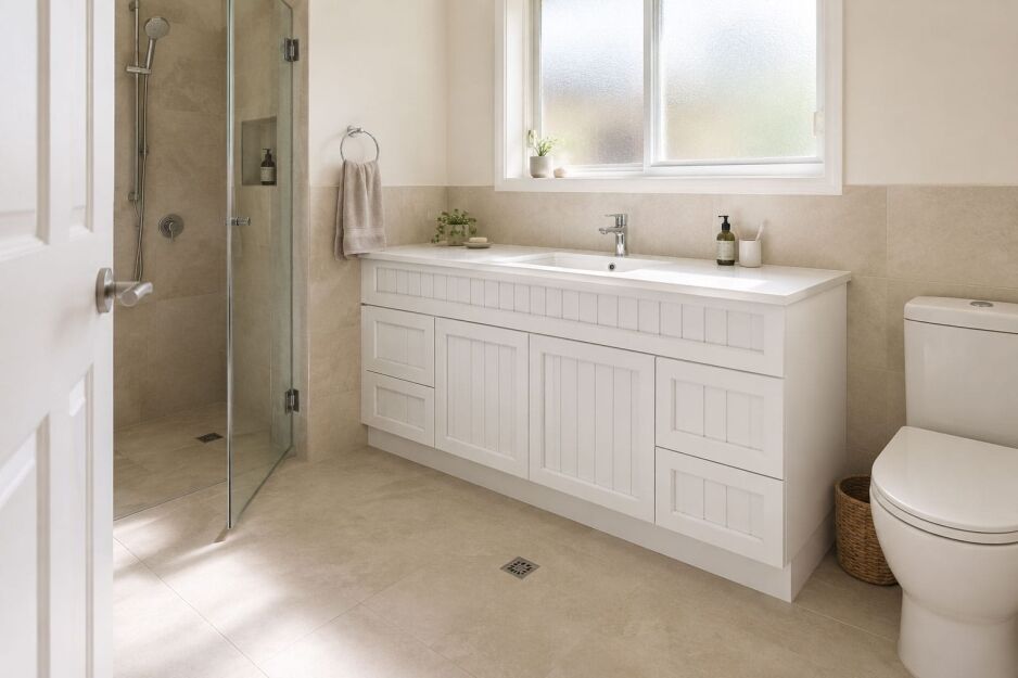 Wall-to-wall bathroom vanity with clear floor space and practical door and shower clearances