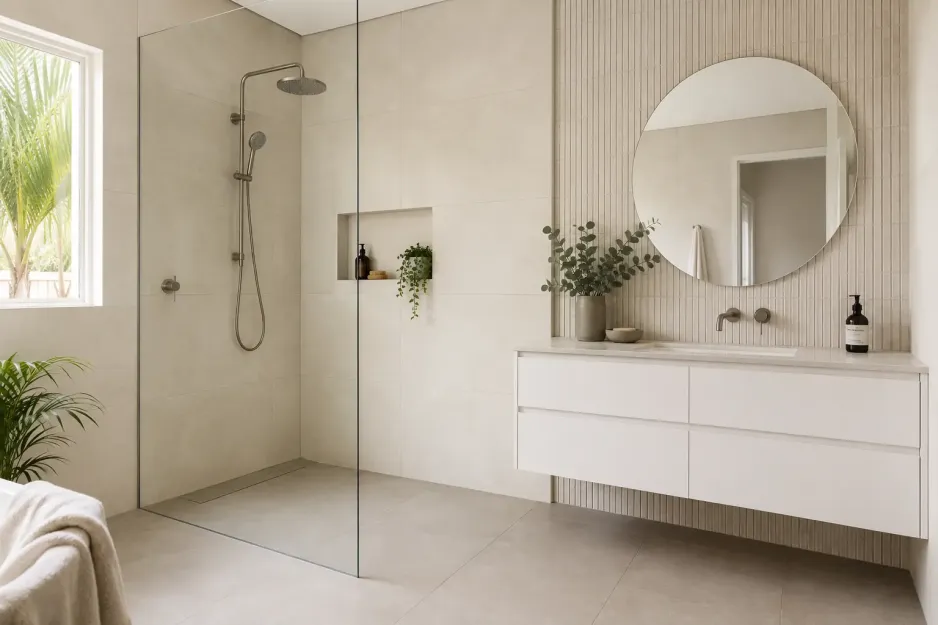 Modern bathroom with large-format wall tiles, textured vanity tiles and coordinated floor tiles