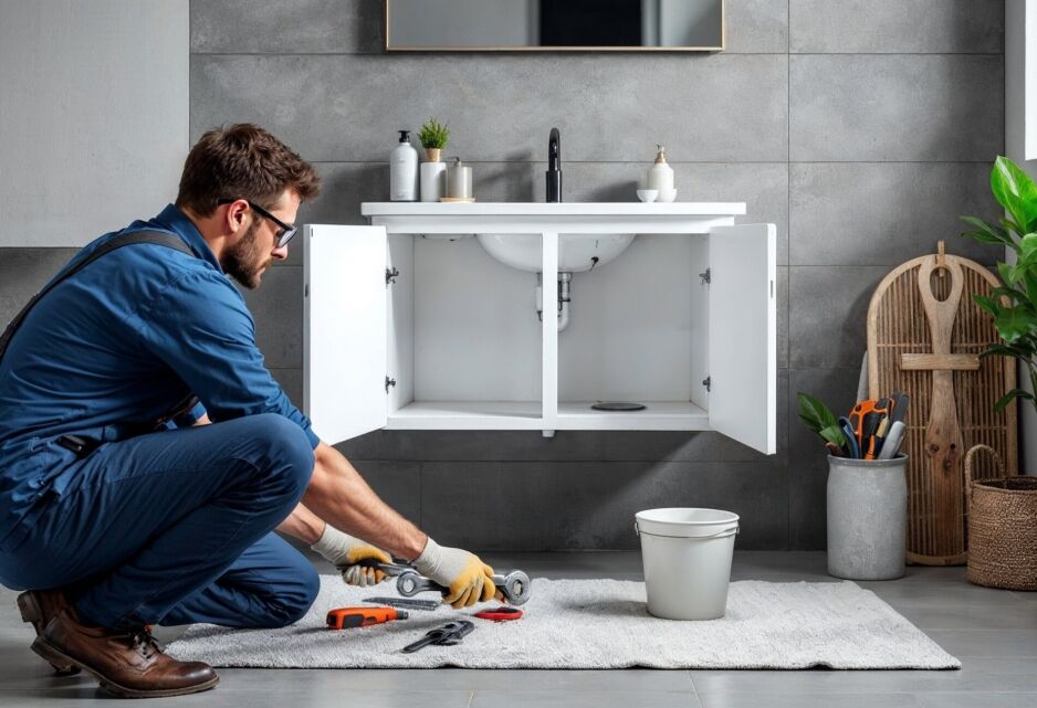 Professional plumber in blue workwear disconnecting vanity plumbing, shown kneeling on protective drop cloth with organized tools, working on wall-mounted white bathroom cabinet with open doors exposing pipe connections