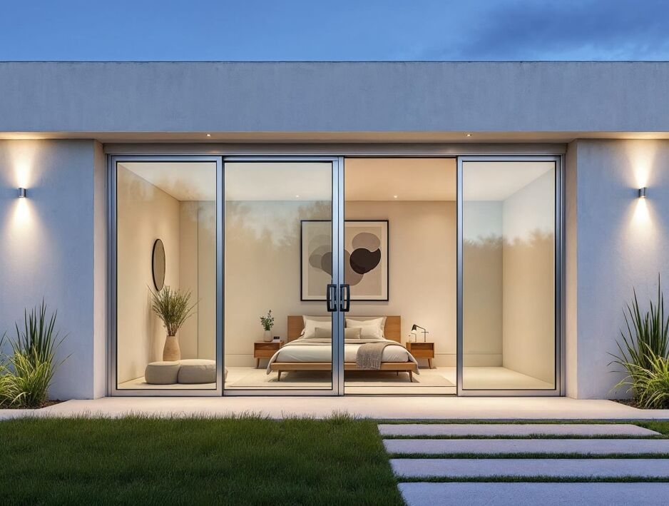 Contemporary Perth home with sleek lockable sliding glass doors leading to a bedroom, showcasing stylish aluminium frames and secure modern design