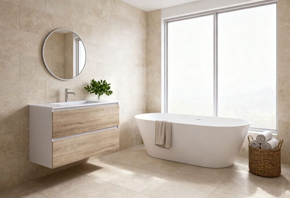 Freestanding bath in a modern bathroom showing the type of bathtub commonly priced when estimating bath cost in Perth