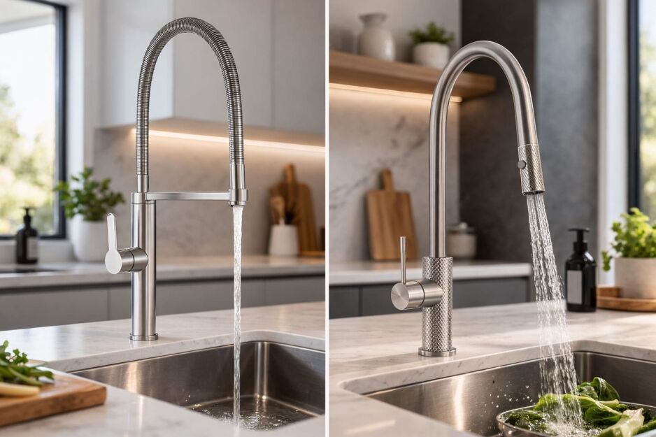 Pull-down vs pull-out kitchen mixer taps installed in a modern kitchen showing the design differences between spring-coil and curved spout tapware.