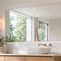 Large frameless bathroom mirror above a modern vanity with warm timber cabinetry, white tiles and natural light